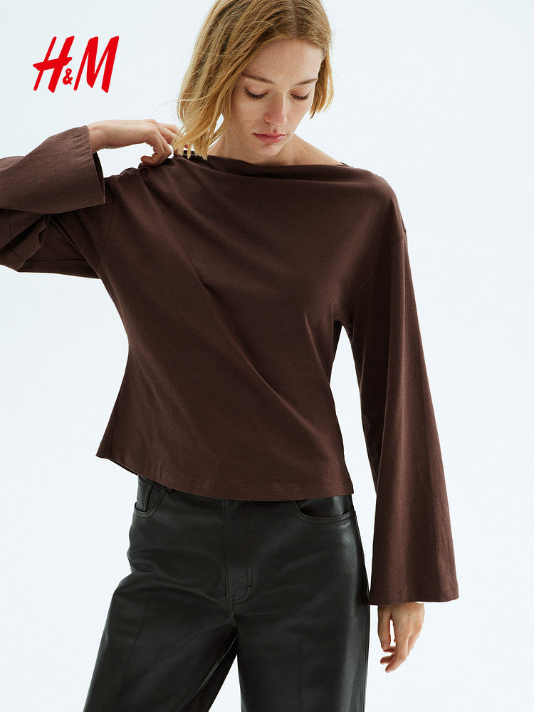 HM Women's T-Shirt Spring Straight Neck Embellished Skirt Dropped Shoulder Wide Long Sleeve Bottom Top 1301320