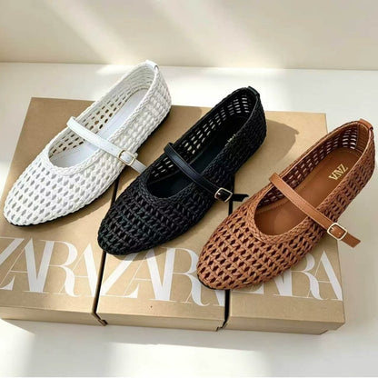 ZR African Round Toe Versatile One-Line Strap Hollow Plus Size Mary Jane Women's Shoes Flat Woven Single Shoes Women's Casual Versatile