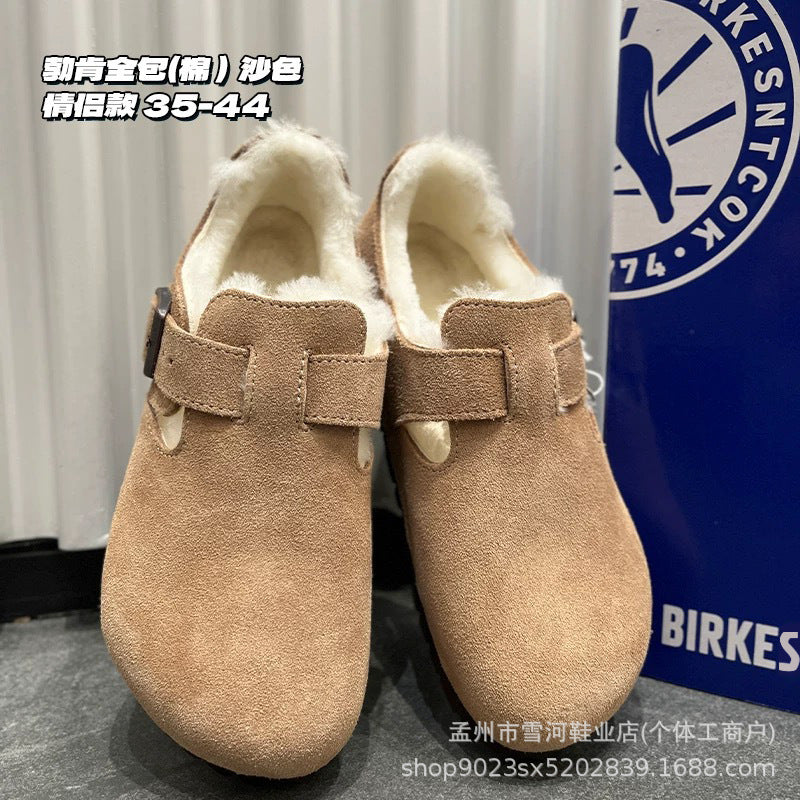 Sheepskin and wool integrated Birkenstock shoes women's half slippers winter 2025 new cork fleece cotton shoes Bokenstock slippers