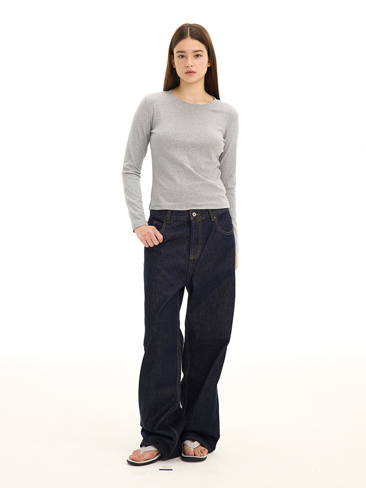 UNF Straight Shoulder Lycra Cotton Skin-friendly Solid Color Stretch Base Top Casual Commuter Crew Neck Long Sleeve Bottom T-Shirt Women's
