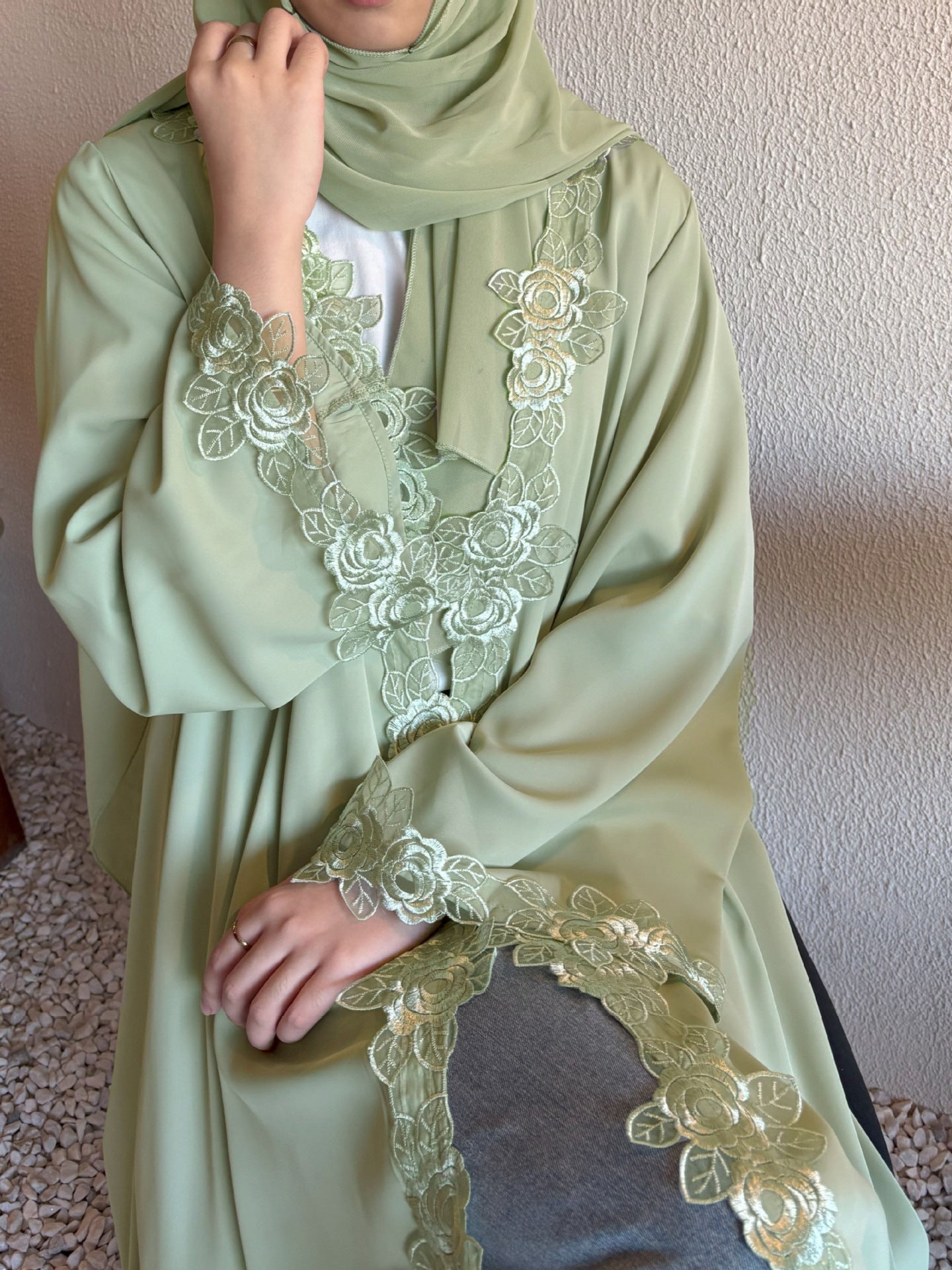 AliExpress Middle East Cross Border Green Lace Jacket Skirt Bandana Simple Women's Dress Flower