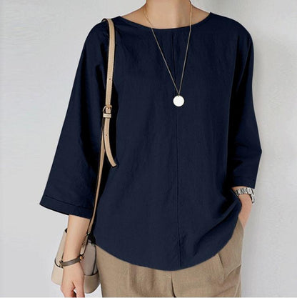 Summer literary cotton and linen solid color short-sleeved pullover round neck shirt loose and simple casual 7-minute sleeve doll top
