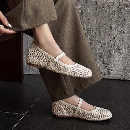 2026 Summer Vintage Woven Hollow Mesh Mary Jane Shoes Women's One-Strap Breathable Flat Flats Inner Height Increasing Sandals
