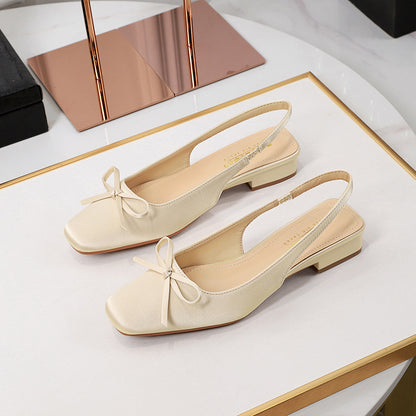 972-H101 Stunning French Small Square Toe Singles Versatile Bow Shallow Back Hollow Low Heel Satin Evening Style Women's Shoes