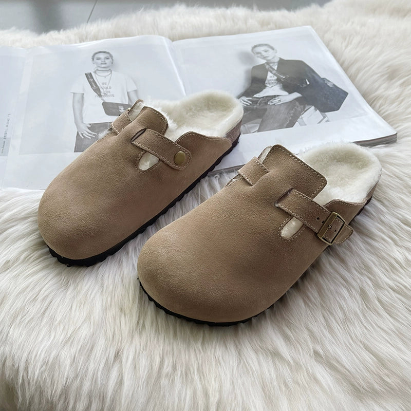 Sheepskin fur integrated Birkenstock shoes female genuine leather cork Boken edamame bean shoes autumn and winter pile platform snow boots