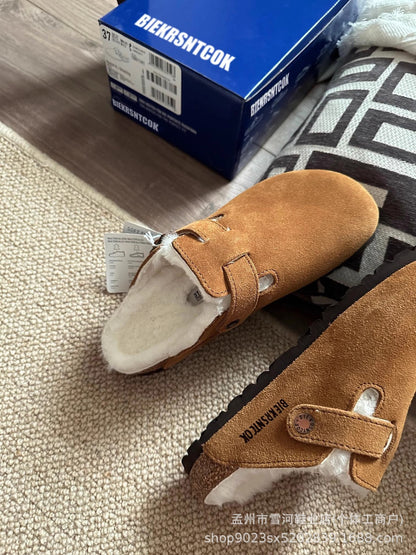 Sheepskin and wool integrated Birkenstock shoes women's half slippers winter 2025 new cork fleece cotton shoes Bokenstock slippers