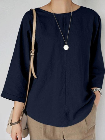 Summer literary cotton and linen solid color short-sleeved pullover round neck shirt loose and simple casual 7-minute sleeve doll top