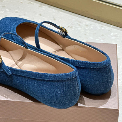 2025 summer new round-toed shallow one-button flat denim Mary Jane single shoes women's leather Korean version of small leather shoes
