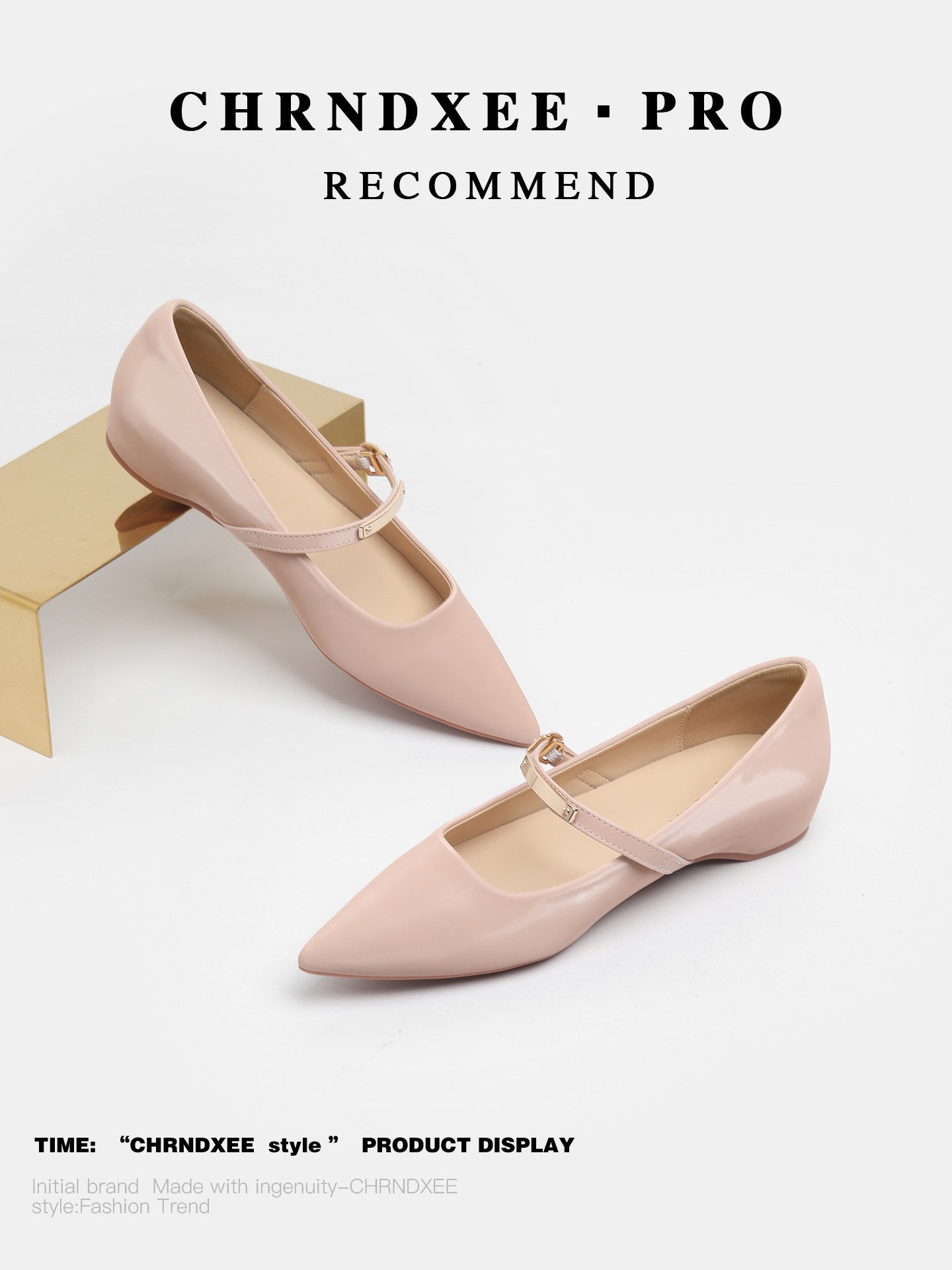 The first series is a fairy-style nude pointed shallow flat single, feminine temperament, with a one-line buckle and a heightened Mary Jane shoe