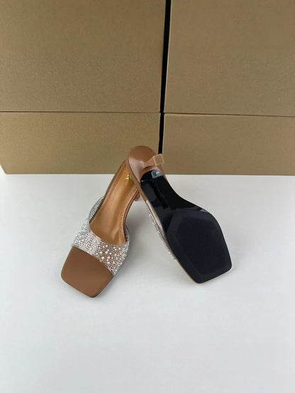 Square Toe Rhinestone Mule Sandals – Kitten Heel Slip-On Party Shoes