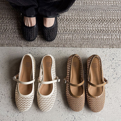 2026 Summer Vintage Woven Hollow Mesh Mary Jane Shoes Women's One-Strap Breathable Flat Flats Inner Height Increasing Sandals