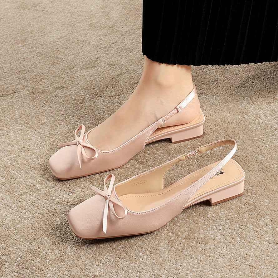 972-H101 Stunning French Small Square Toe Singles Versatile Bow Shallow Back Hollow Low Heel Satin Evening Style Women's Shoes