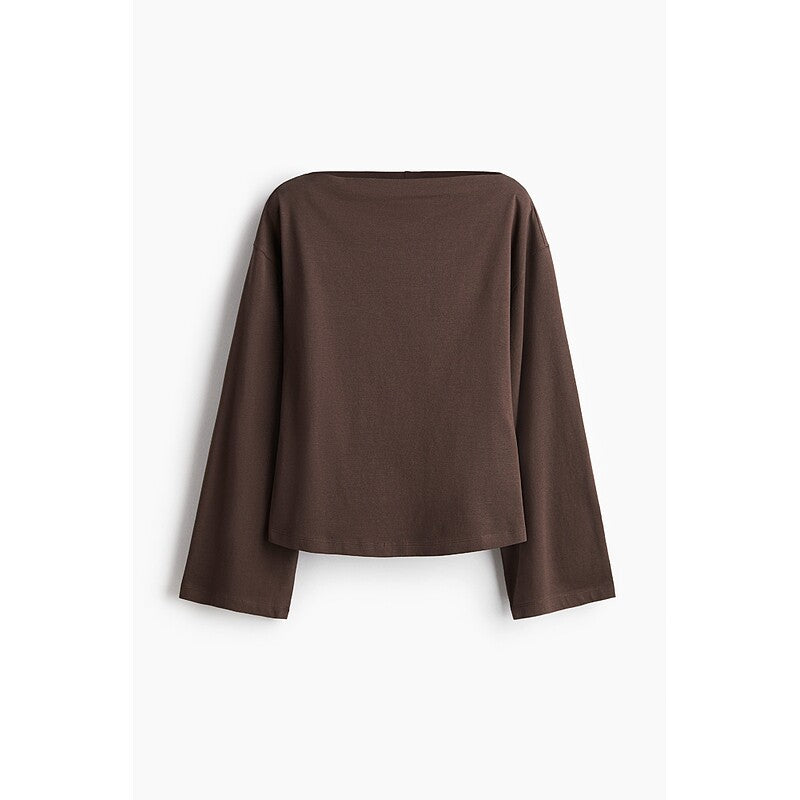 HM Women's T-Shirt Spring Straight Neck Embellished Skirt Dropped Shoulder Wide Long Sleeve Bottom Top 1301320