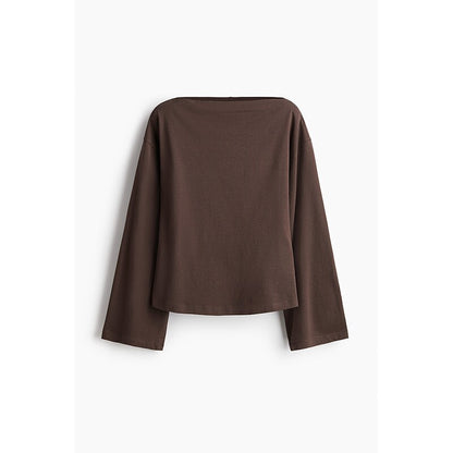 HM Women's T-Shirt Spring Straight Neck Embellished Skirt Dropped Shoulder Wide Long Sleeve Bottom Top 1301320