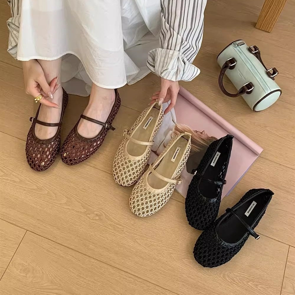 2026 Spring New Hollow Woven Mary Jane Shoes Women's Flats with Strap Straps