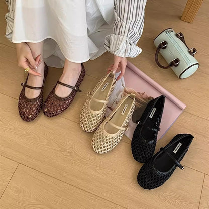 2026 Spring New Hollow Woven Mary Jane Shoes Women's Flats with Strap Straps
