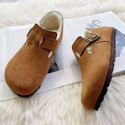 Sheepskin fur integrated Birkenstock shoes female genuine leather cork Boken edamame bean shoes autumn and winter pile platform snow boots