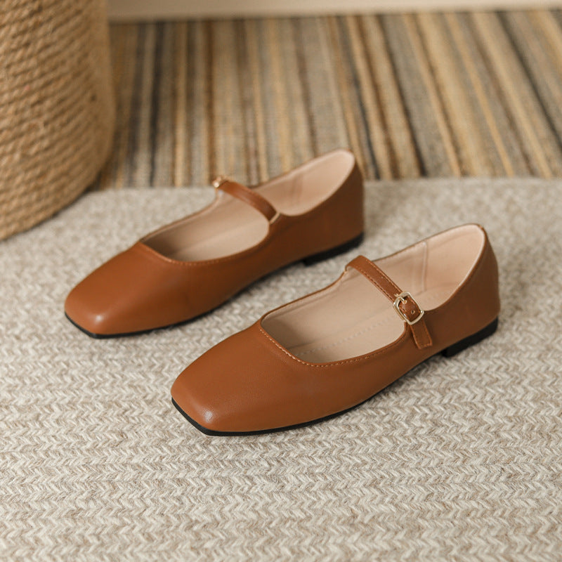 2026 new French soft leather one-button square toe shallow temperament retro Mary Jane single shoes women's flat gold