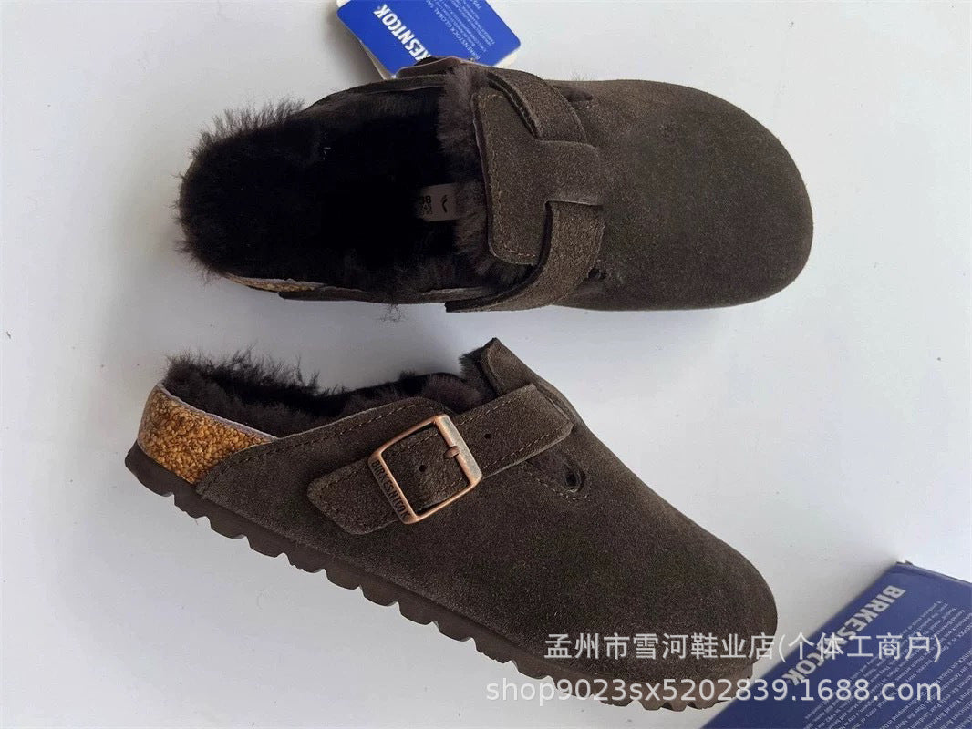 Sheepskin and wool integrated Birkenstock shoes women's half slippers winter 2025 new cork fleece cotton shoes Bokenstock slippers
