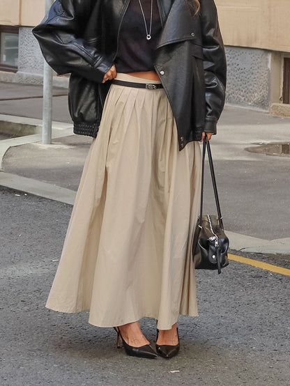 Qianjin style temperament is elegant and simple, high-waisted, slimming, pleated skirt, women's European and American cross-border design, khaki skirt