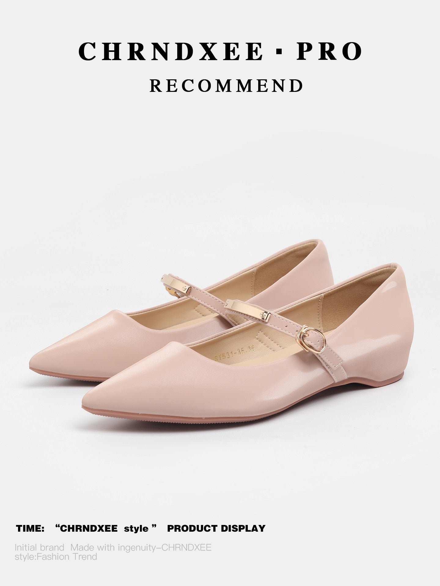 The first series is a fairy-style nude pointed shallow flat single, feminine temperament, with a one-line buckle and a heightened Mary Jane shoe