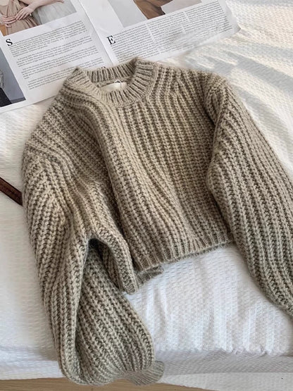 Gray Cropped thick line women's autumn and winter round neck pullover knit top sweater