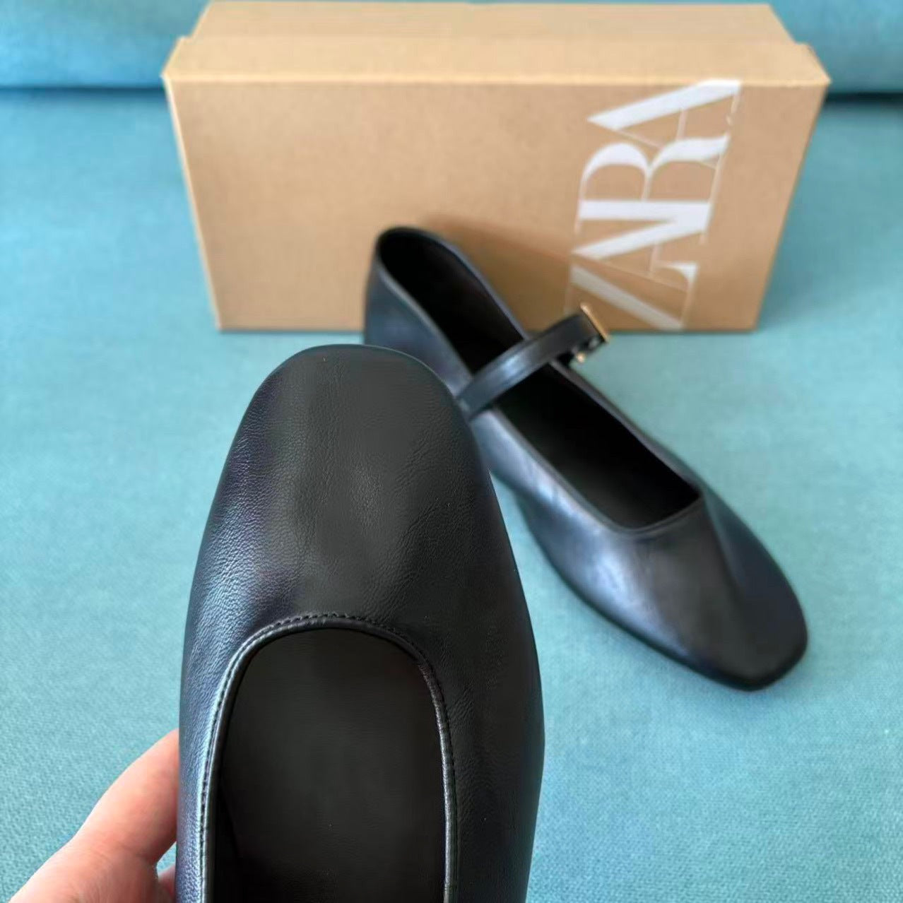 ZA Cowhide Mary Jane Flats 2025 New Square Toe Single Shoes Vintage Genuine Leather Strap Versatile Ballet Shoes Hugh