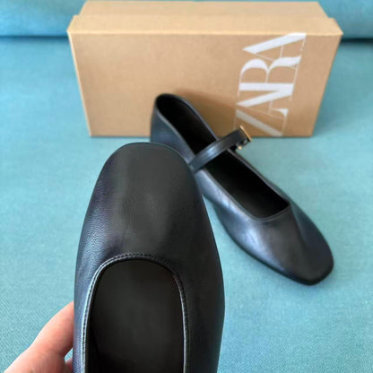 ZA Cowhide Mary Jane Flats 2025 New Square Toe Single Shoes Vintage Genuine Leather Strap Versatile Ballet Shoes Hugh