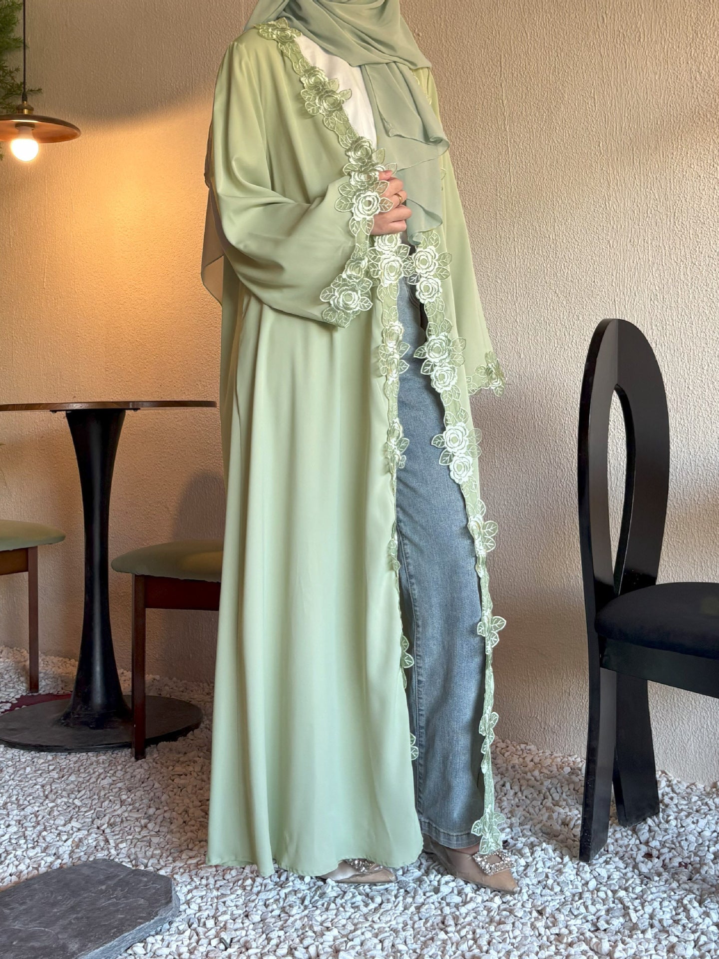 AliExpress Middle East Cross Border Green Lace Jacket Skirt Bandana Simple Women's Dress Flower