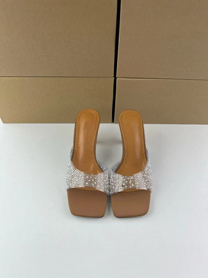 Square Toe Rhinestone Mule Sandals – Kitten Heel Slip-On Party Shoes