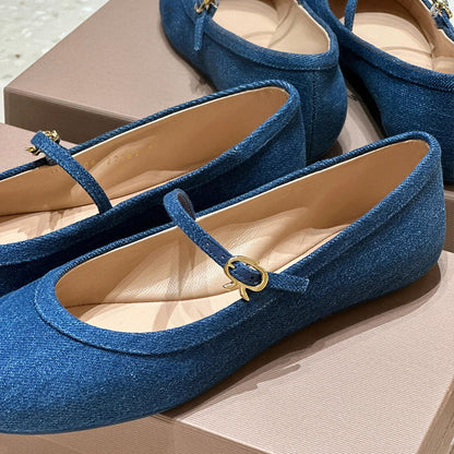 2025 summer new round-toed shallow one-button flat denim Mary Jane single shoes women's leather Korean version of small leather shoes
