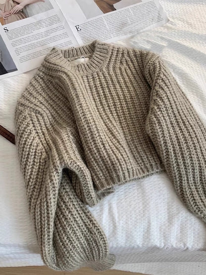 Gray Cropped thick line women's autumn and winter round neck pullover knit top sweater