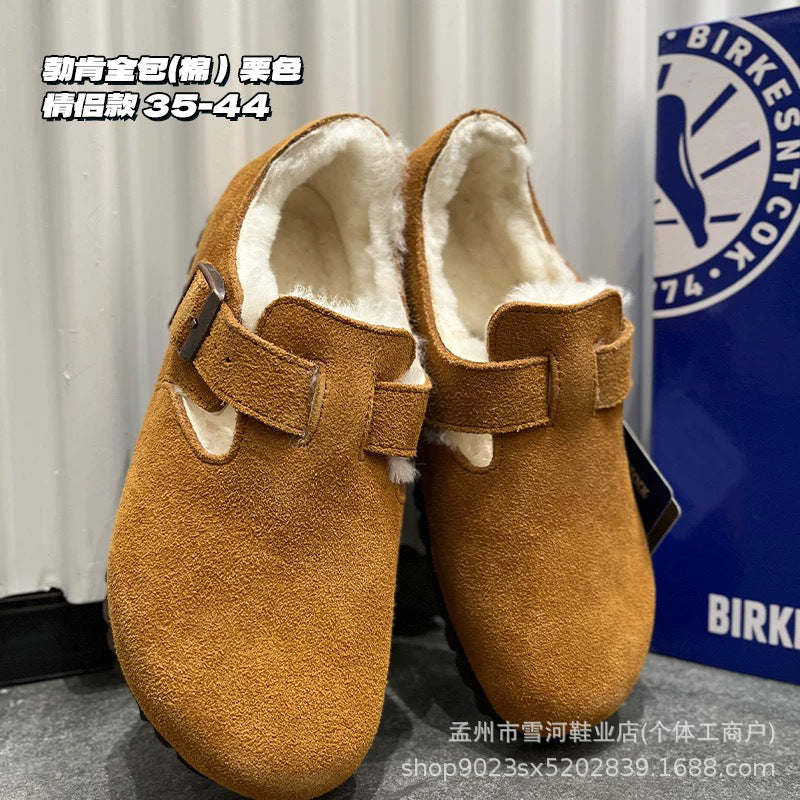 Sheepskin and wool integrated Birkenstock shoes women's half slippers winter 2025 new cork fleece cotton shoes Bokenstock slippers
