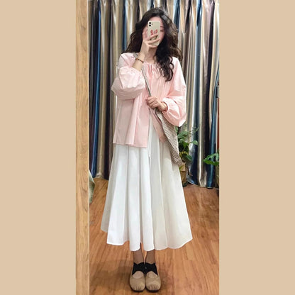 Pink sunscreen lantern sleeve design niche shirt + off-white belly support skirt