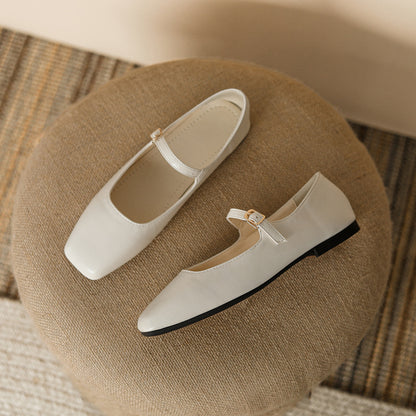 2026 new French soft leather one-button square toe shallow temperament retro Mary Jane single shoes women's flat gold