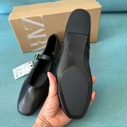 ZA Cowhide Mary Jane Flats 2025 New Square Toe Single Shoes Vintage Genuine Leather Strap Versatile Ballet Shoes Hugh