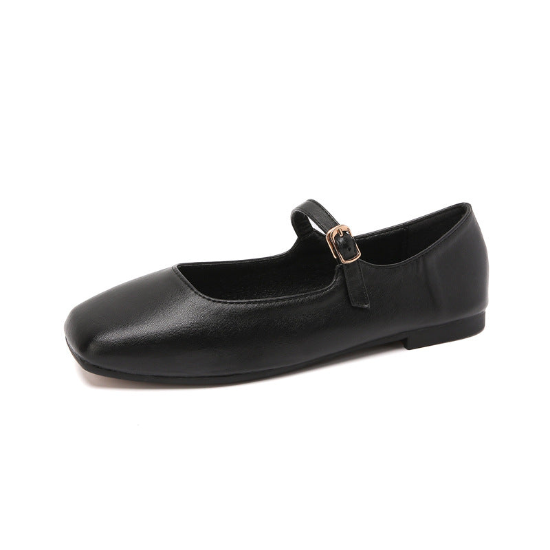 2026 new French soft leather one-button square toe shallow temperament retro Mary Jane single shoes women's flat gold