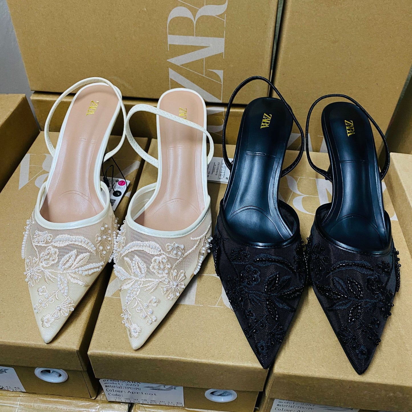 Zara floral embroidered mesh heeled slingback shoes