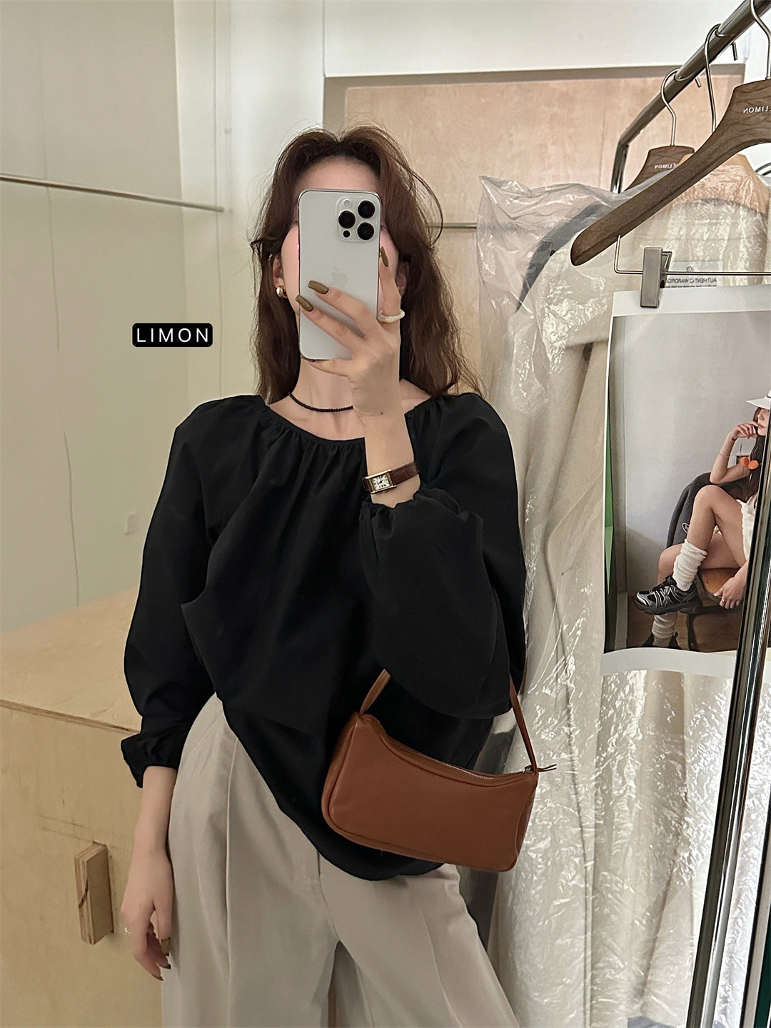 THE LEMON Green Tea 2024 Autumn New Korean Simple Temperament Crew Neck Solid Color Shirt Top Trend