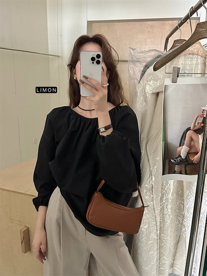 THE LEMON Green Tea 2024 Autumn New Korean Simple Temperament Crew Neck Solid Color Shirt Top Trend