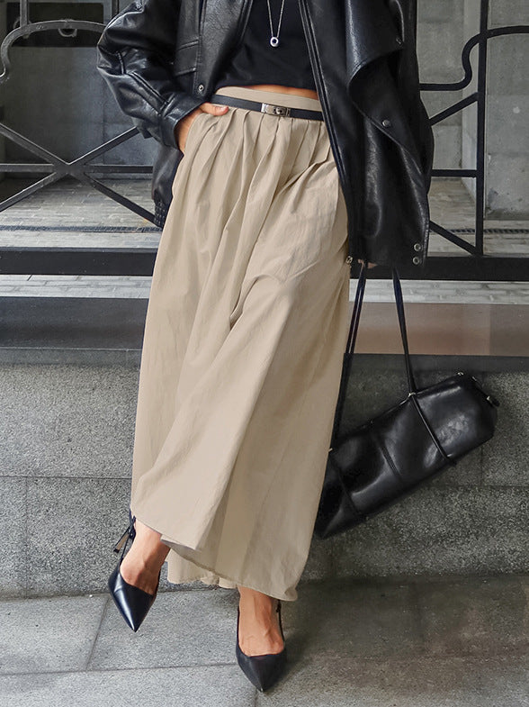 Qianjin style temperament is elegant and simple, high-waisted, slimming, pleated skirt, women's European and American cross-border design, khaki skirt