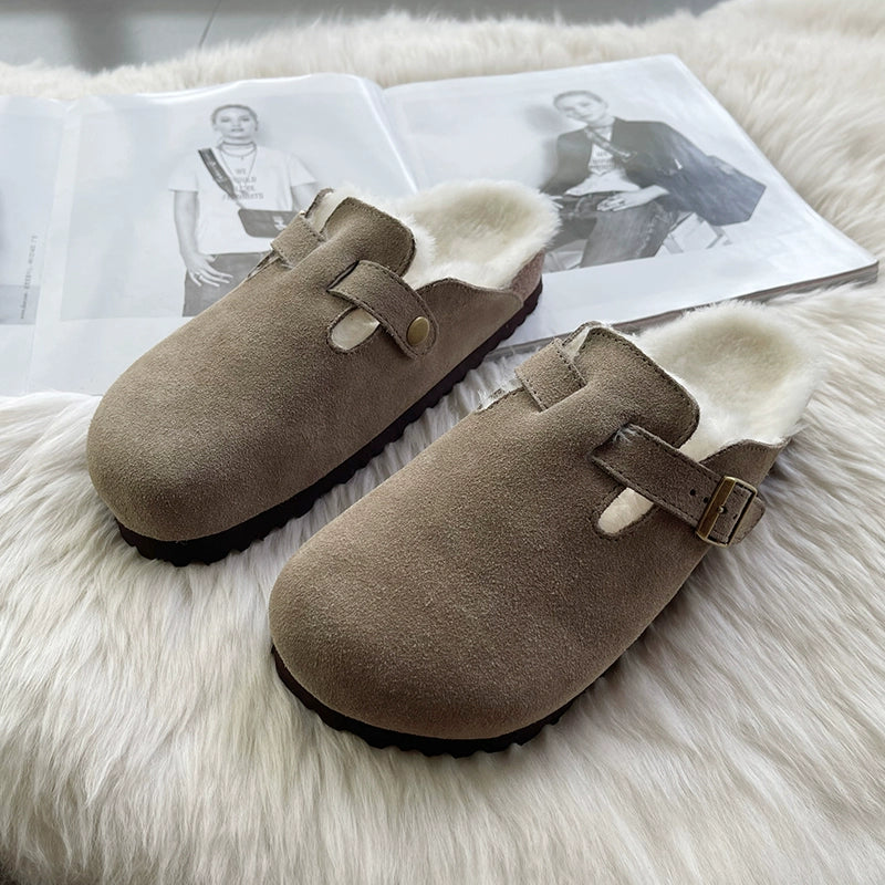 Sheepskin fur integrated Birkenstock shoes female genuine leather cork Boken edamame bean shoes autumn and winter pile platform snow boots