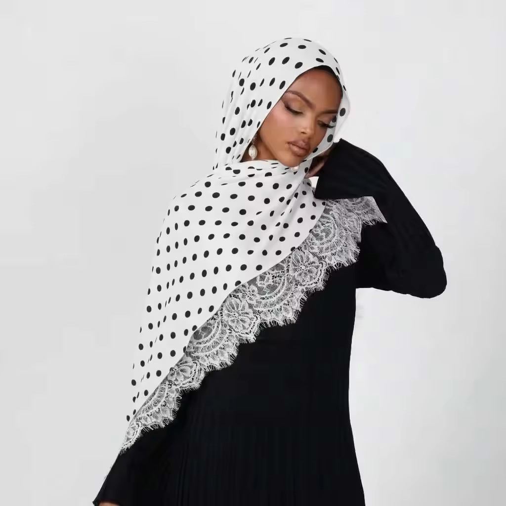 Modal polka dot print lace hijab