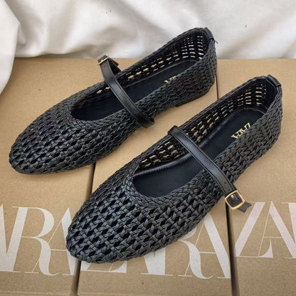 ZR African Round Toe Versatile One-Line Strap Hollow Plus Size Mary Jane Women's Shoes Flat Woven Single Shoes Women's Casual Versatile