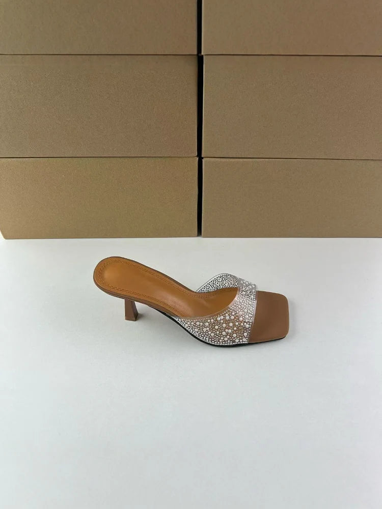Square Toe Rhinestone Mule Sandals – Kitten Heel Slip-On Party Shoes