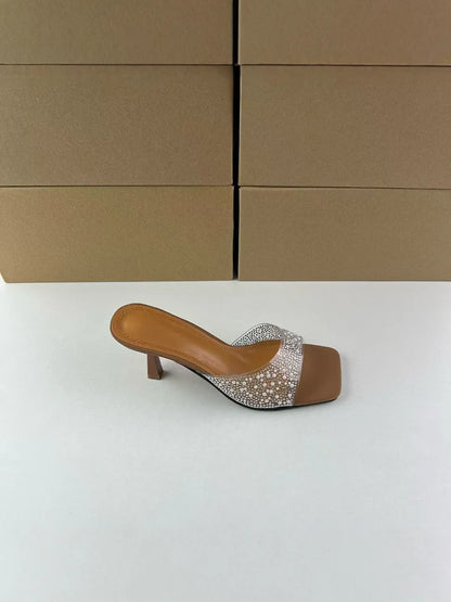 Square Toe Rhinestone Mule Sandals – Kitten Heel Slip-On Party Shoes